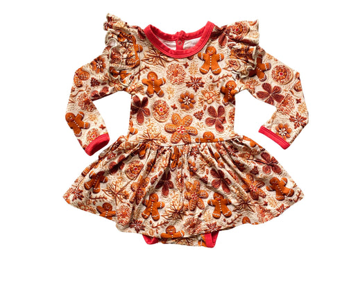 Ginger Bread Men with Red Trim Long Sleeve Twirl bodysuit