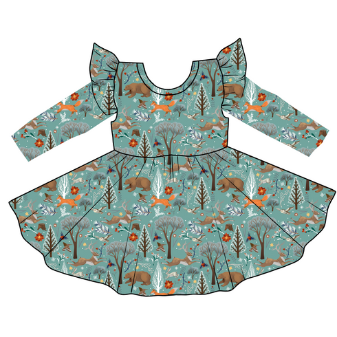 Yule Woodland Long Sleeve Twirl Dress with pockets